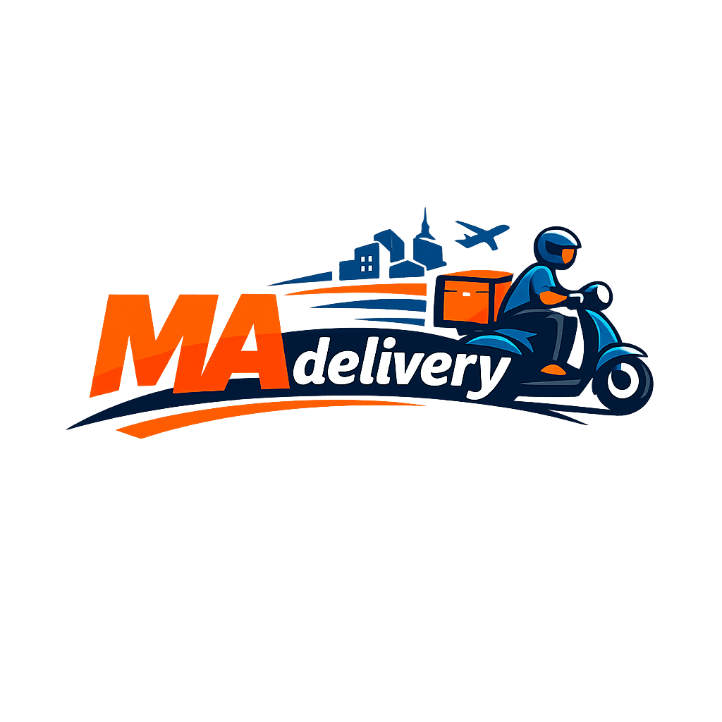Dynamic MAdelivery logo featuring a scooter, delivery person, city skyline, and airplane.